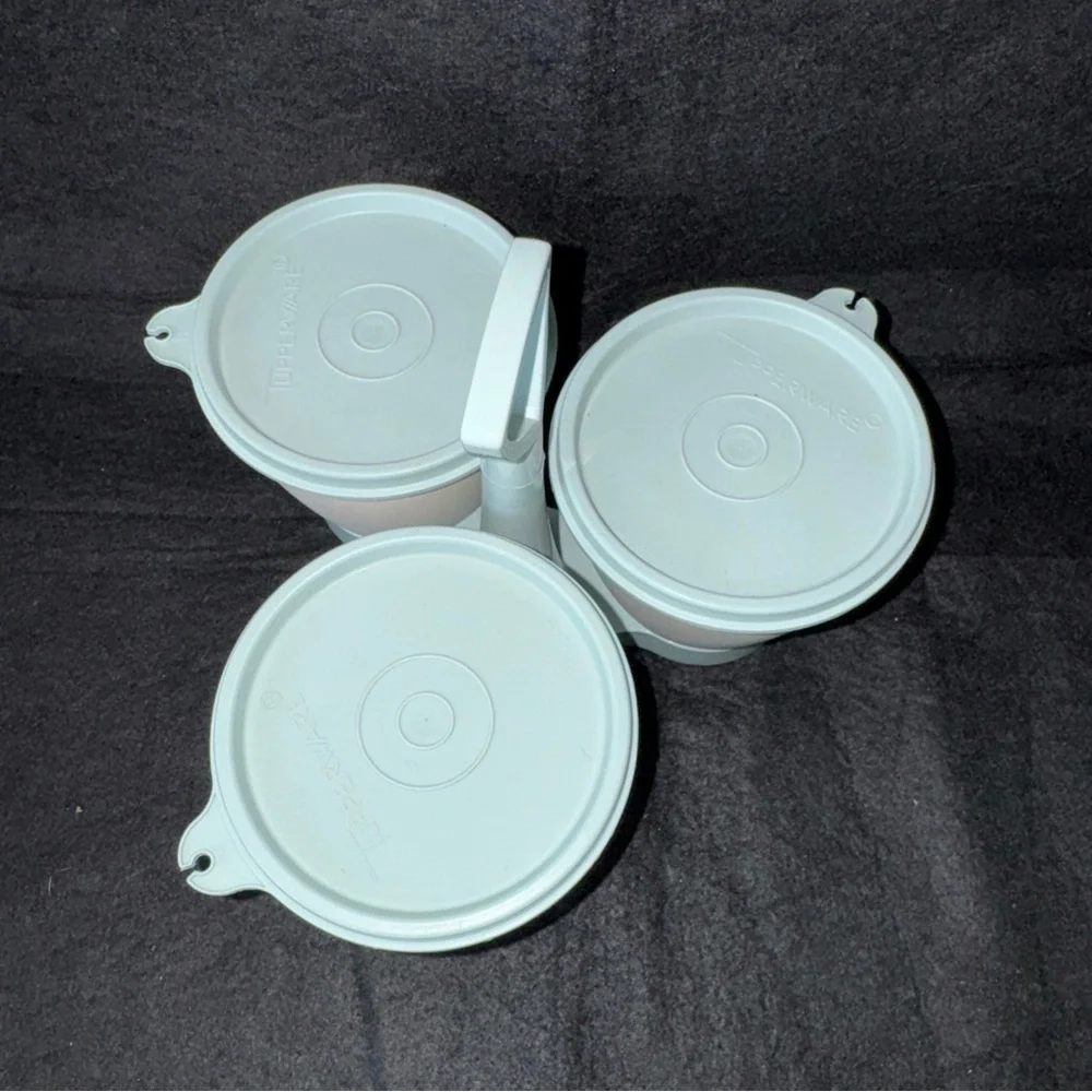 Vintage Tupperware 3 Container Condiment Set Caddy #757-4 w/ Blue Lids